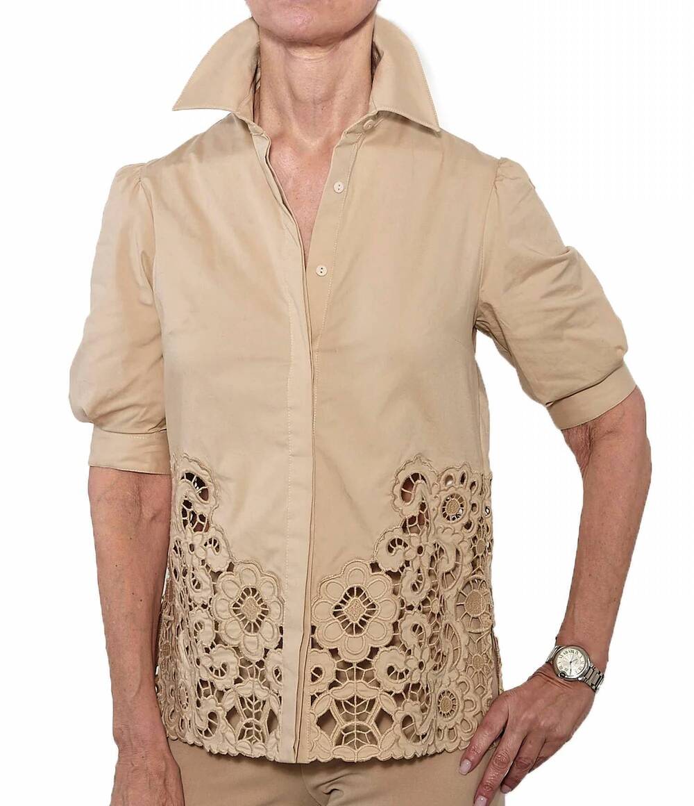 NEW MARIE MERCIE garden button down blouse in camel